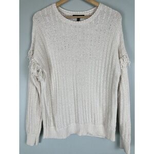 Banana Republic Fringe Knit Sweater Cream Textured Boho Pullover Women's L